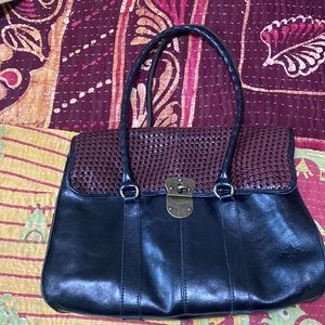 Patricia Nash black leather bag with brown woven flap